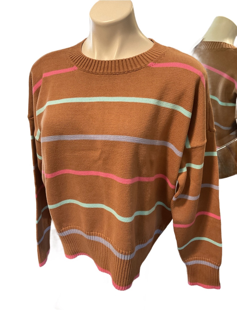 New Lands' End Tan Crewneck Sweater Pink, Mint & Lavender Stripes 100%Cotton